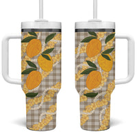 Maku'e Hawaiian Mango Palaka Tumbler With Handle Aloha Hibiscus Pikake Lei