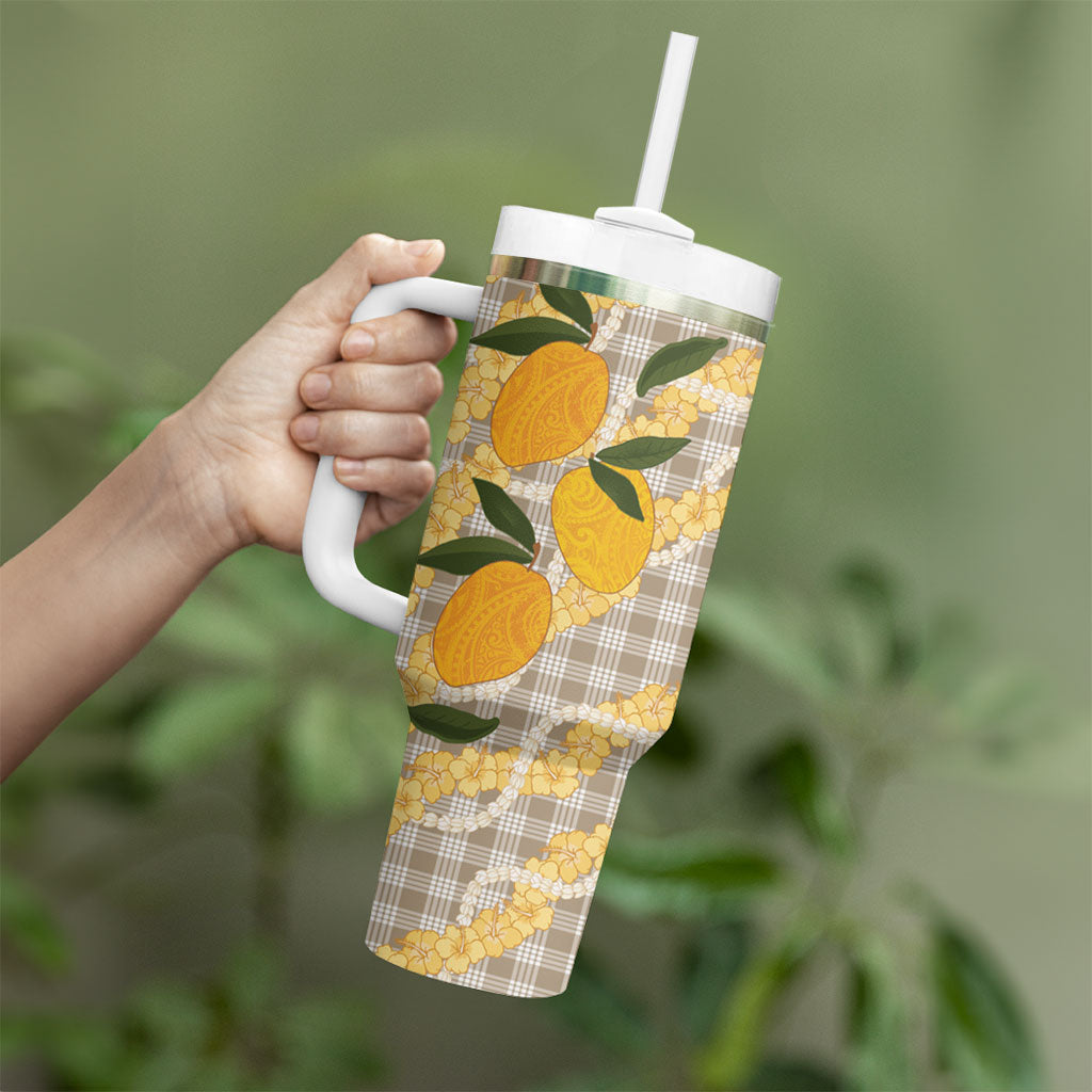 Maku'e Hawaiian Mango Palaka Tumbler With Handle Aloha Hibiscus Pikake Lei