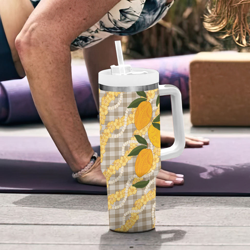 Maku'e Hawaiian Mango Palaka Tumbler With Handle Aloha Hibiscus Pikake Lei