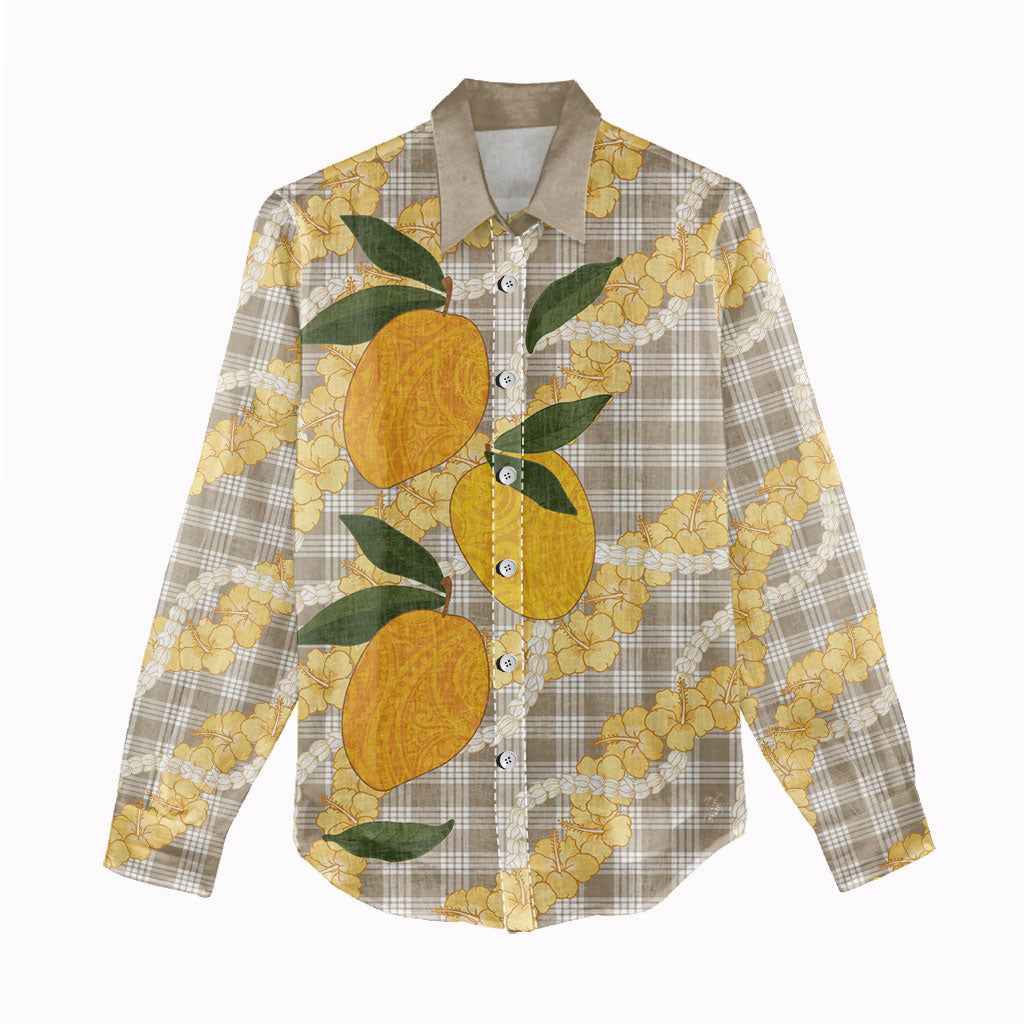 Maku'e Hawaiian Mango Palaka Women Casual Shirt Aloha Hibiscus Pikake Lei