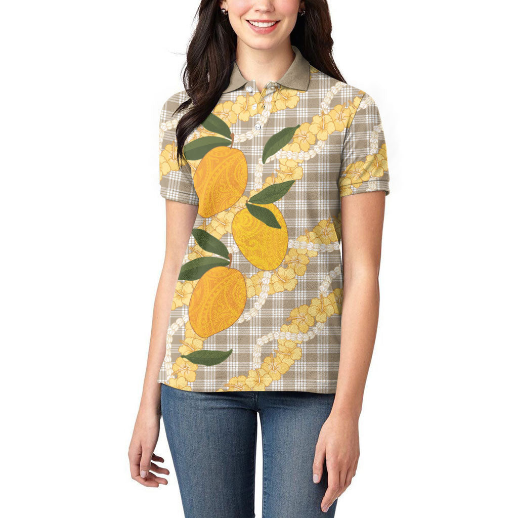 Maku'e Hawaiian Mango Palaka Women Polo Shirt Aloha Hibiscus Pikake Lei