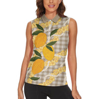 Maku'e Hawaiian Mango Palaka Women Sleeveless Polo Shirt Aloha Hibiscus Pikake Lei