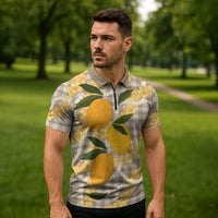 Maku'e Hawaiian Mango Palaka Zipper Polo Shirt Aloha Hibiscus Pikake Lei