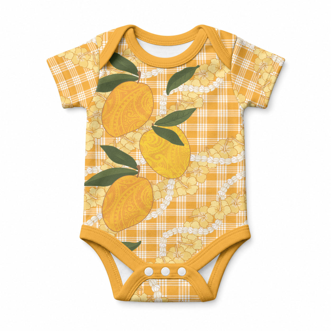 Alani Hawaiian Mango Palaka Baby Onesie Aloha Hibiscus Pikake Lei LT9 Orange - Polynesian Pride
