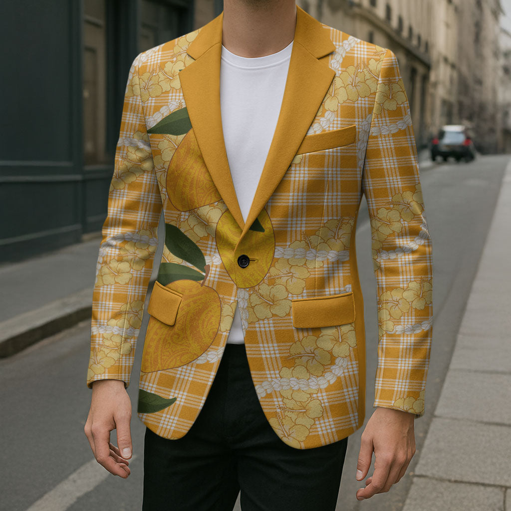 Alani Hawaiian Mango Palaka Blazer Aloha Hibiscus Pikake Lei