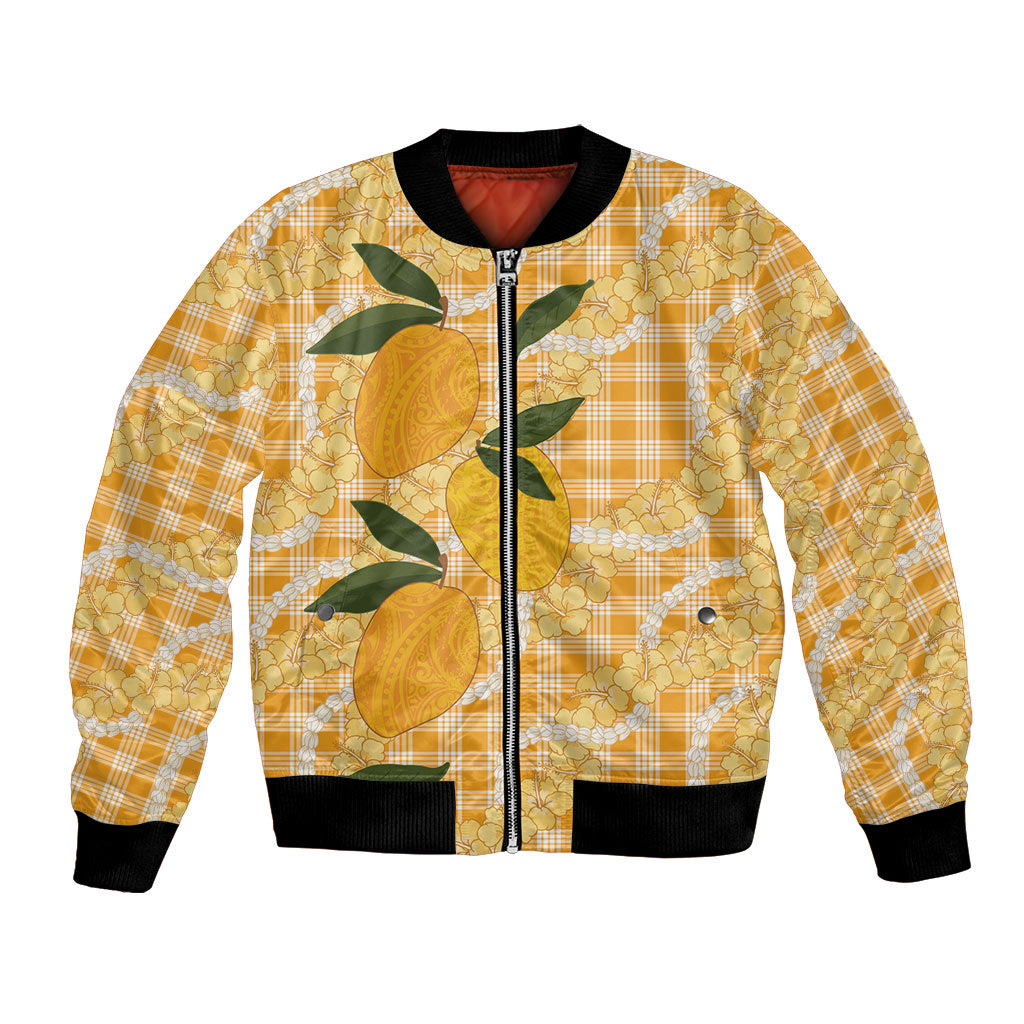 Alani Hawaiian Mango Palaka Bomber Jacket Aloha Hibiscus Pikake Lei