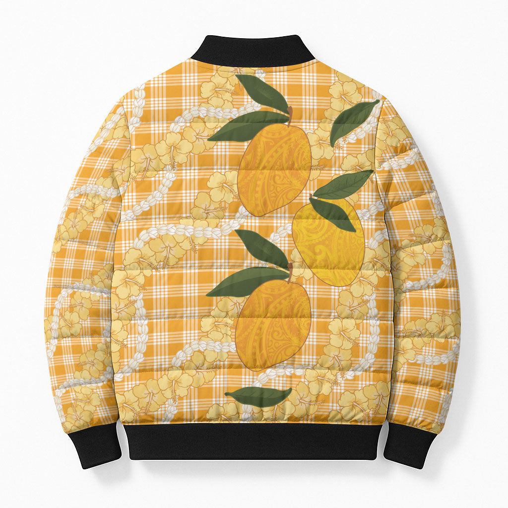 Alani Hawaiian Mango Palaka Bomber Puffer Jacket Aloha Hibiscus Pikake Lei