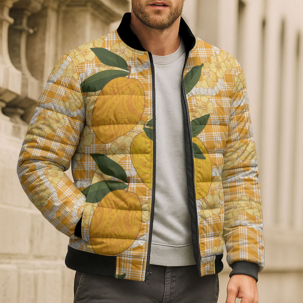 Alani Hawaiian Mango Palaka Bomber Puffer Jacket Aloha Hibiscus Pikake Lei