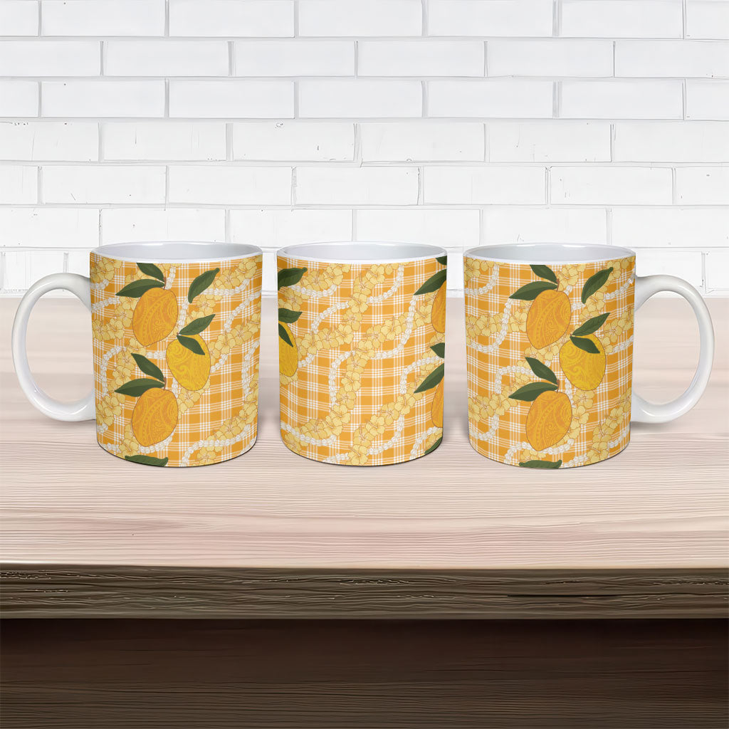Alani Hawaiian Mango Palaka Ceramic Mug Aloha Hibiscus Pikake Lei