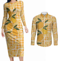 Alani Hawaiian Mango Palaka Couples Matching Long Sleeve Bodycon Dress and Long Sleeve Button Shirt Aloha Hibiscus Pikake Lei