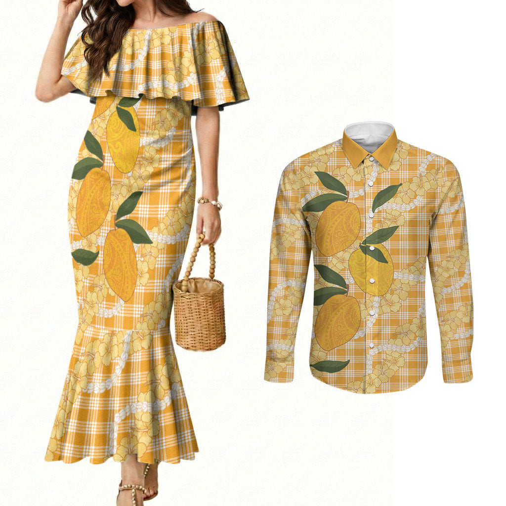 Alani Hawaiian Mango Palaka Couples Matching Mermaid Dress and Long Sleeve Button Shirt Aloha Hibiscus Pikake Lei
