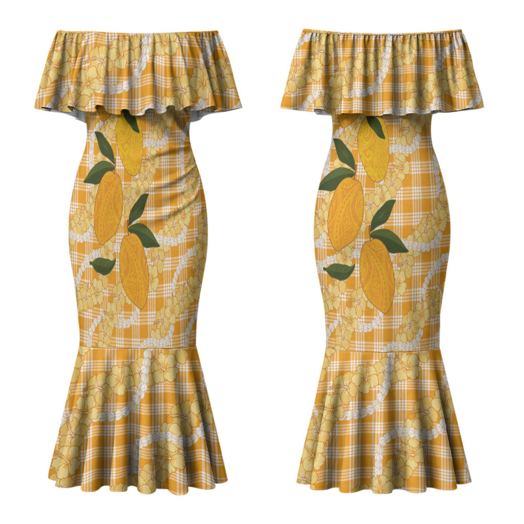Alani Hawaiian Mango Palaka Couples Matching Mermaid Dress and Long Sleeve Button Shirt Aloha Hibiscus Pikake Lei