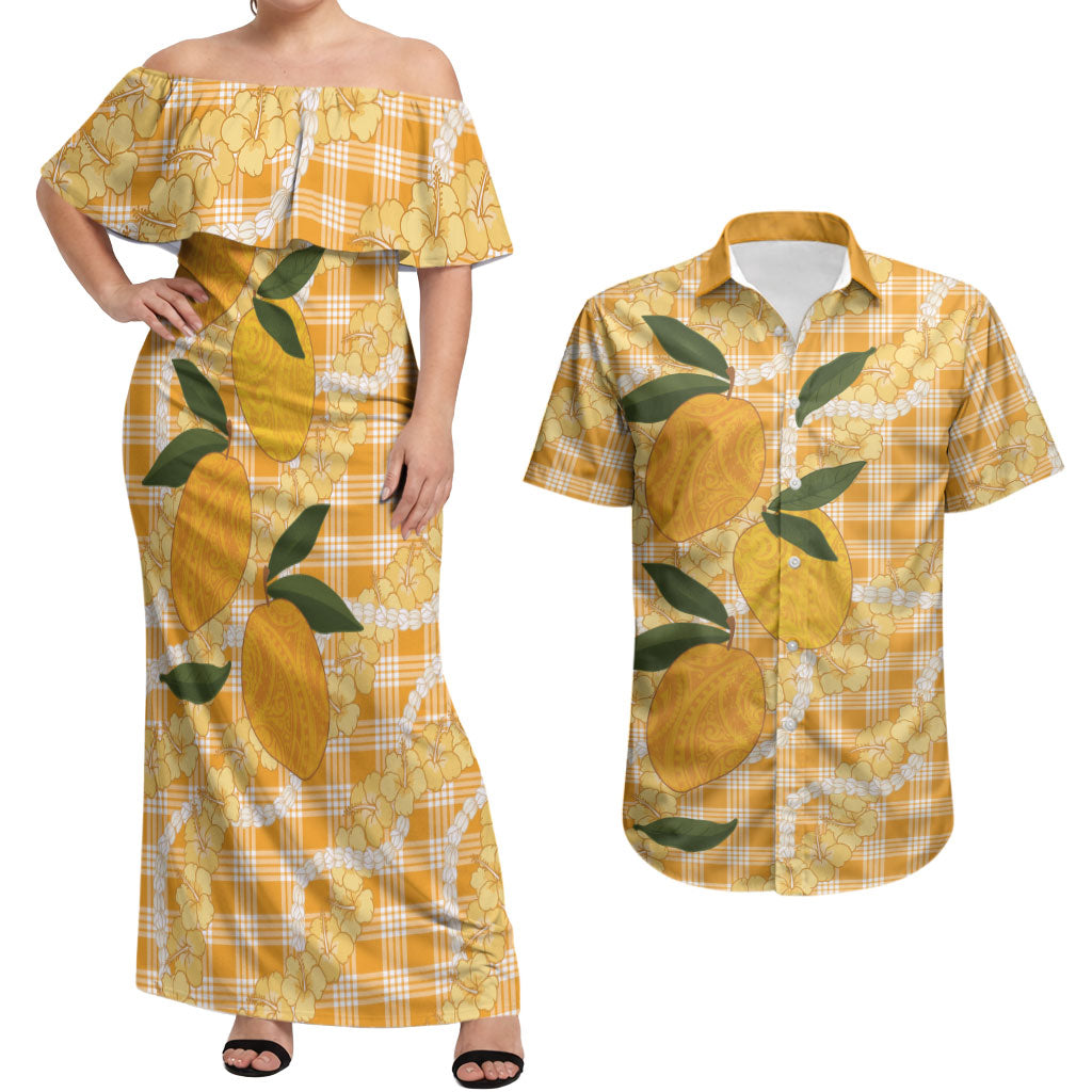 Alani Hawaiian Mango Palaka Couples Matching Off Shoulder Maxi Dress and Hawaiian Shirt Aloha Hibiscus Pikake Lei