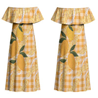 Alani Hawaiian Mango Palaka Couples Matching Off Shoulder Maxi Dress and Hawaiian Shirt Aloha Hibiscus Pikake Lei