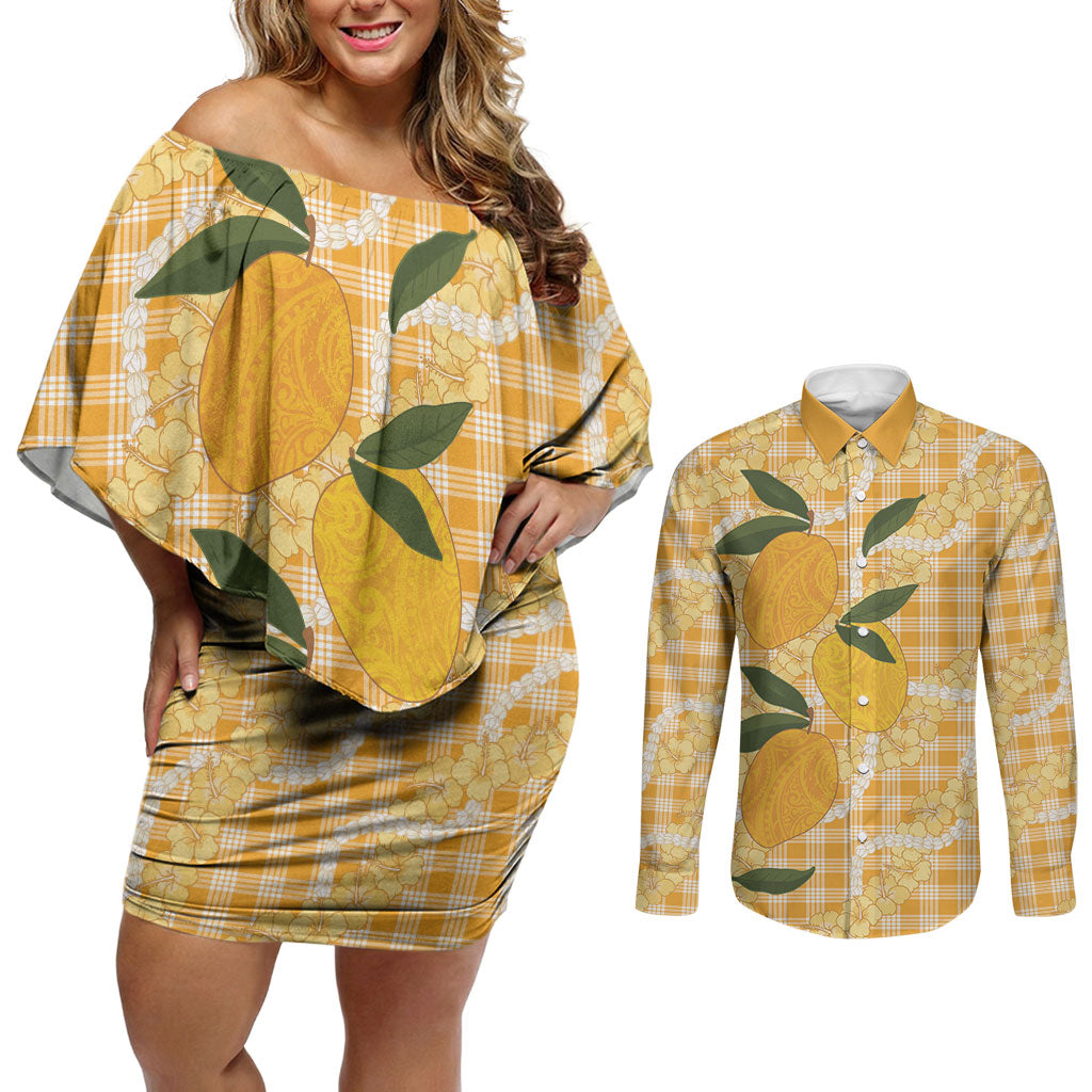 Alani Hawaiian Mango Palaka Couples Matching Off Shoulder Short Dress and Long Sleeve Button Shirt Aloha Hibiscus Pikake Lei