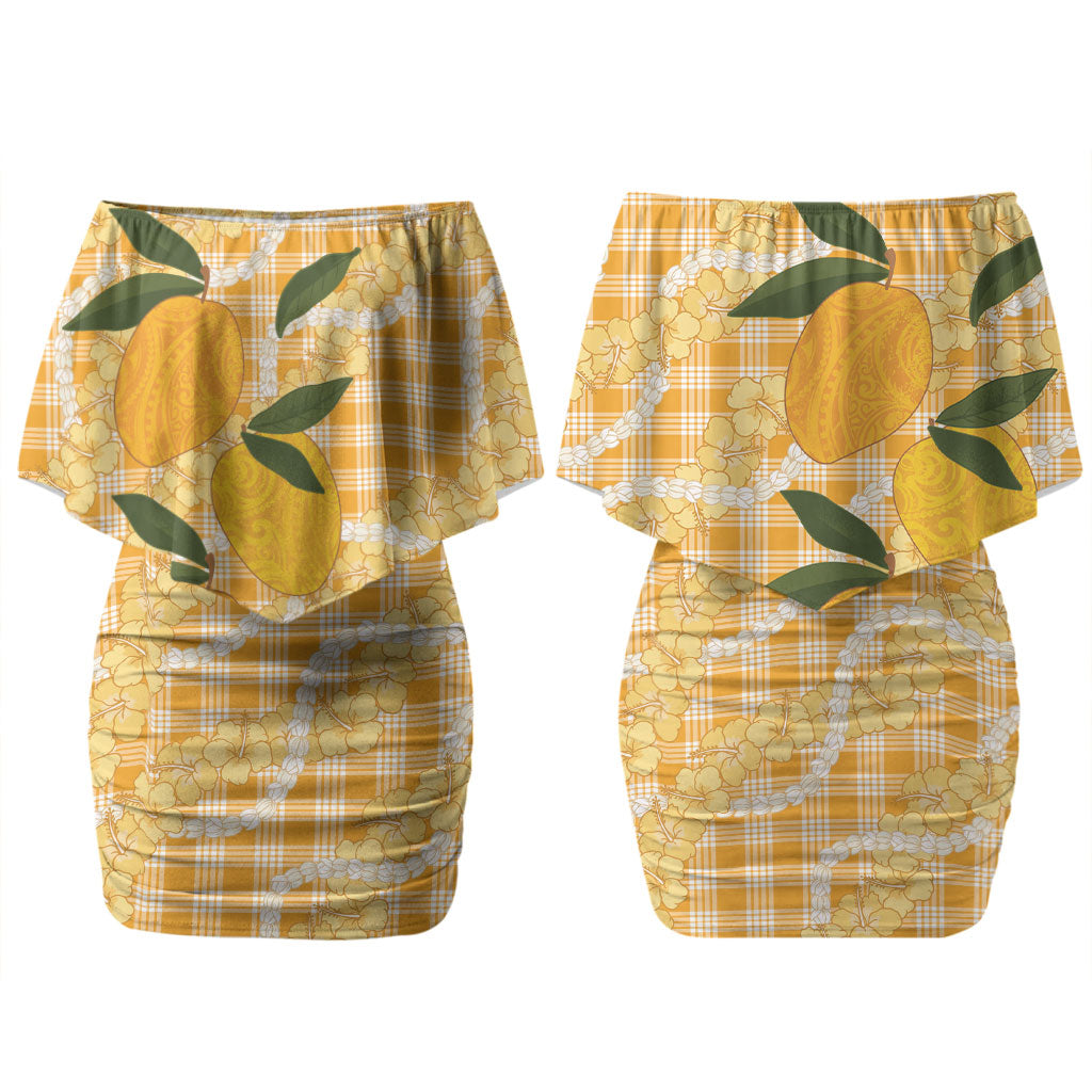 Alani Hawaiian Mango Palaka Couples Matching Off Shoulder Short Dress and Long Sleeve Button Shirt Aloha Hibiscus Pikake Lei