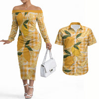 Alani Hawaiian Mango Palaka Couples Matching Off The Shoulder Long Sleeve Dress and Hawaiian Shirt Aloha Hibiscus Pikake Lei