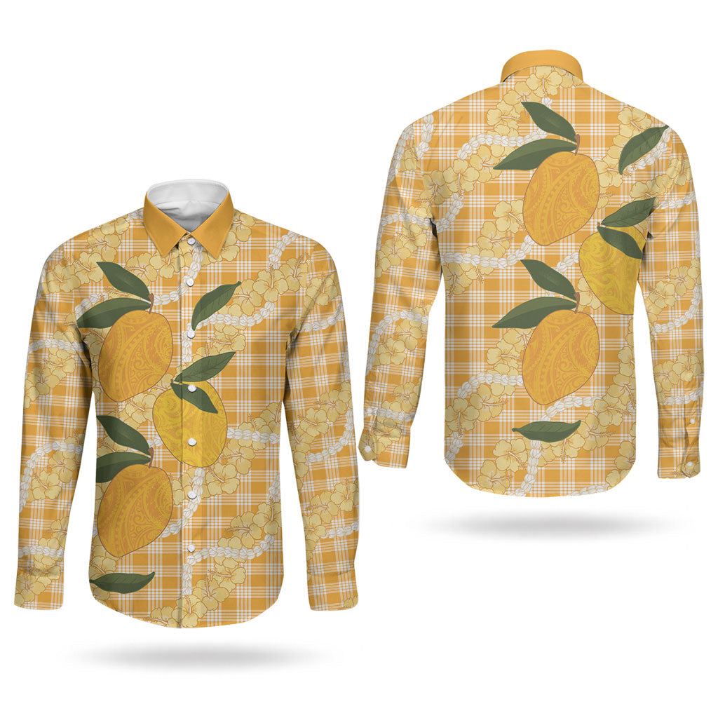 Alani Hawaiian Mango Palaka Couples Matching Off The Shoulder Long Sleeve Dress and Long Sleeve Button Shirt Aloha Hibiscus Pikake Lei