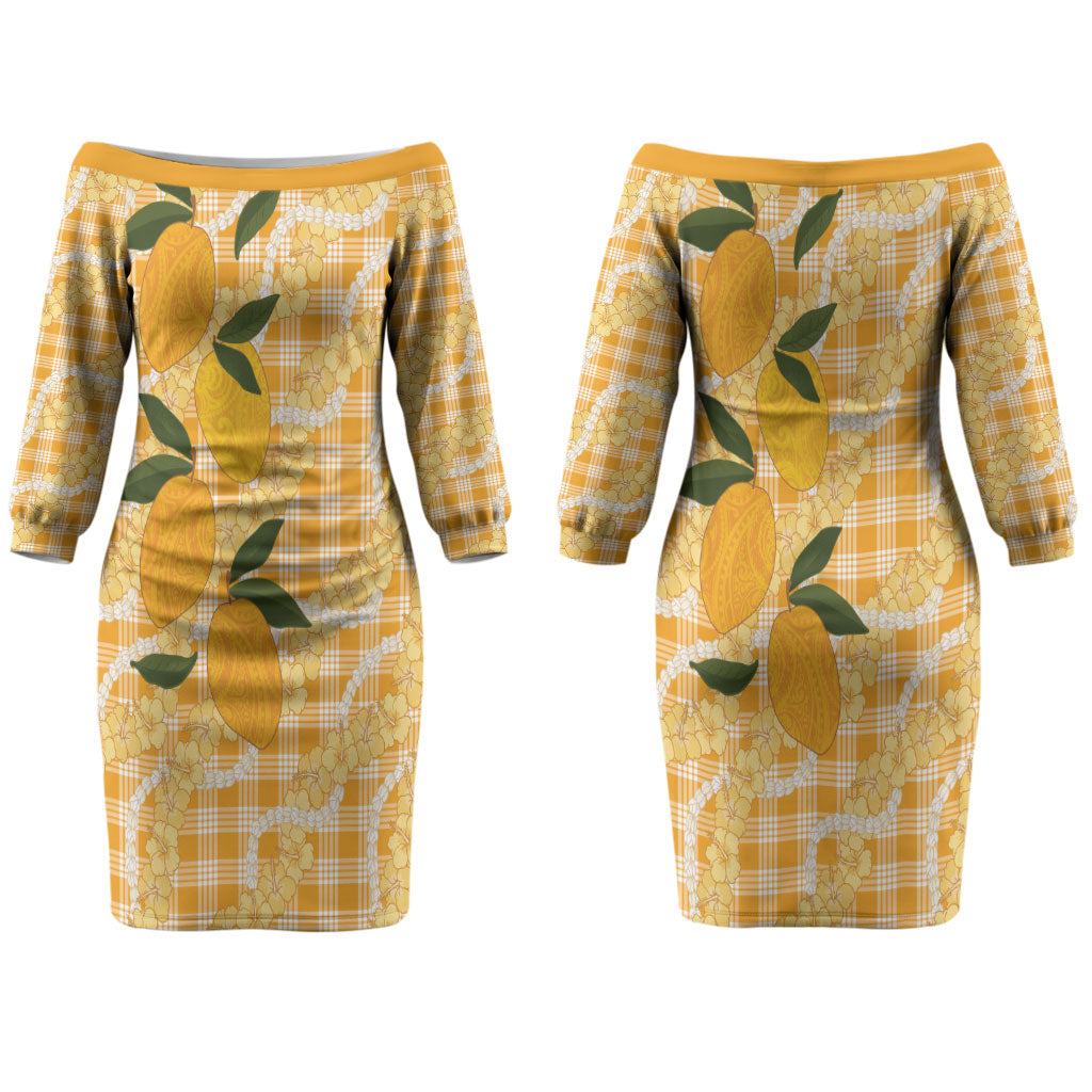 Alani Hawaiian Mango Palaka Couples Matching Off The Shoulder Long Sleeve Dress and Long Sleeve Button Shirt Aloha Hibiscus Pikake Lei