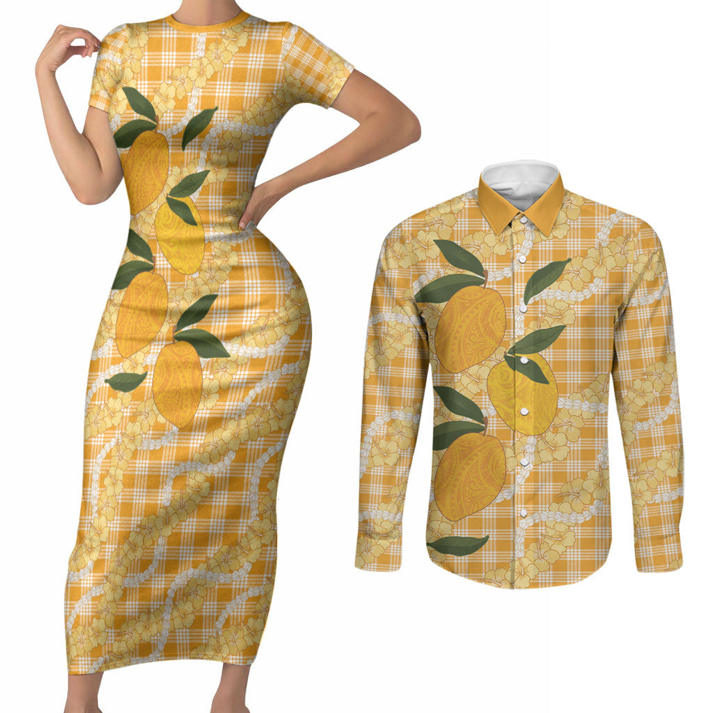 Alani Hawaiian Mango Palaka Couples Matching Short Sleeve Bodycon Dress and Long Sleeve Button Shirt Aloha Hibiscus Pikake Lei