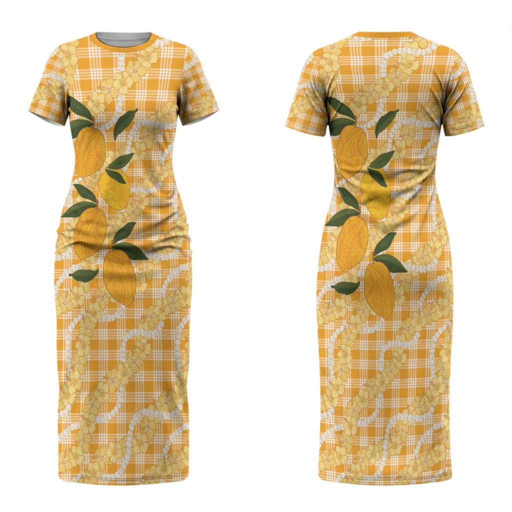 Alani Hawaiian Mango Palaka Couples Matching Short Sleeve Bodycon Dress and Long Sleeve Button Shirt Aloha Hibiscus Pikake Lei