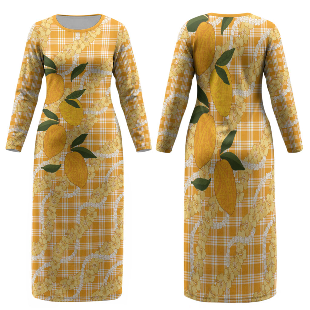 Alani Hawaiian Mango Palaka Family Matching Long Sleeve Bodycon Dress and Hawaiian Shirt Aloha Hibiscus Pikake Lei