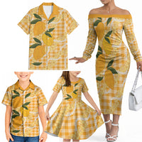 Alani Hawaiian Mango Palaka Family Matching Off The Shoulder Long Sleeve Dress and Hawaiian Shirt Aloha Hibiscus Pikake Lei