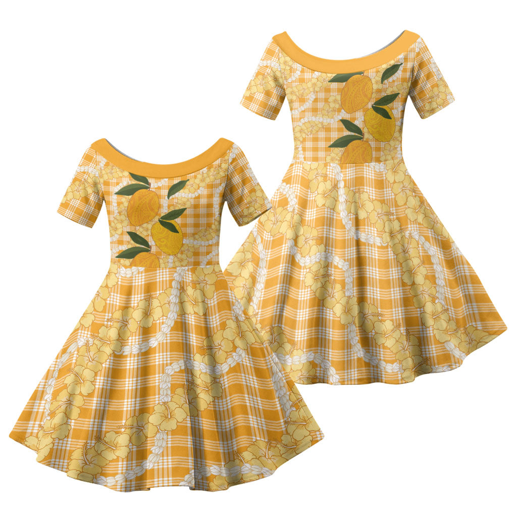 Alani Hawaiian Mango Palaka Family Matching Off Shoulder Maxi Dress and Hawaiian Shirt Aloha Hibiscus Pikake Lei