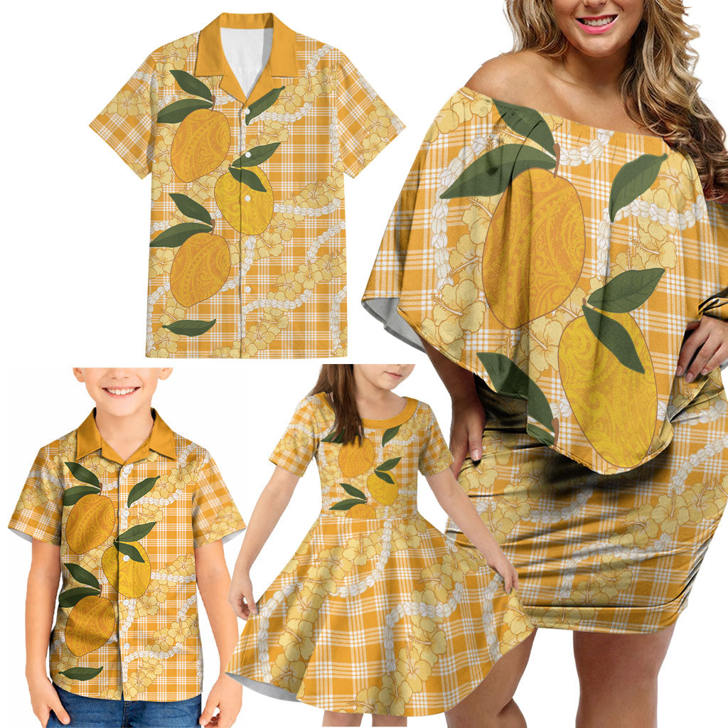 Alani Hawaiian Mango Palaka Family Matching Off Shoulder Short Dress and Hawaiian Shirt Aloha Hibiscus Pikake Lei