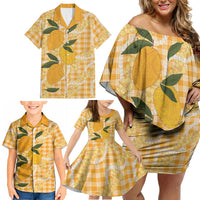 Alani Hawaiian Mango Palaka Family Matching Off Shoulder Short Dress and Hawaiian Shirt Aloha Hibiscus Pikake Lei