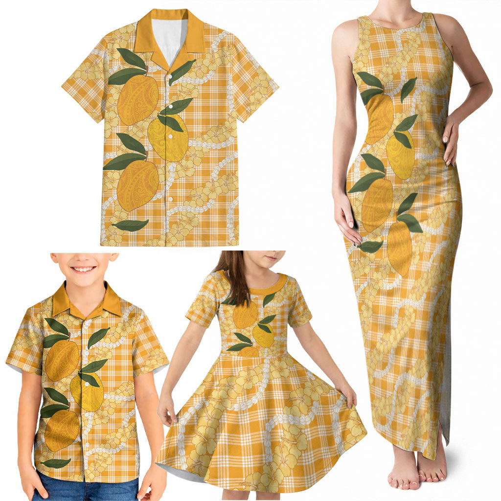 Alani Hawaiian Mango Palaka Family Matching Tank Maxi Dress and Hawaiian Shirt Aloha Hibiscus Pikake Lei