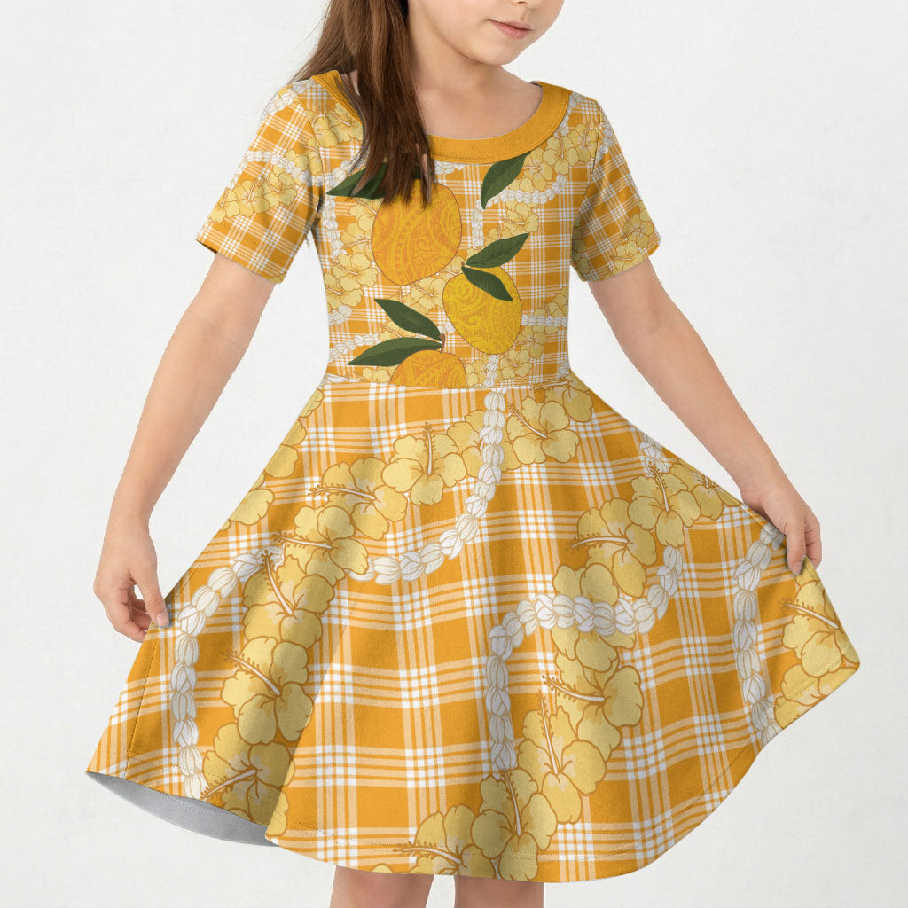 Alani Hawaiian Mango Palaka Kid Short Sleeve Dress Aloha Hibiscus Pikake Lei