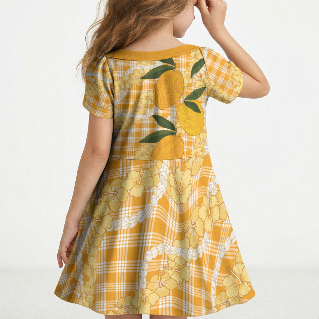Alani Hawaiian Mango Palaka Kid Short Sleeve Dress Aloha Hibiscus Pikake Lei