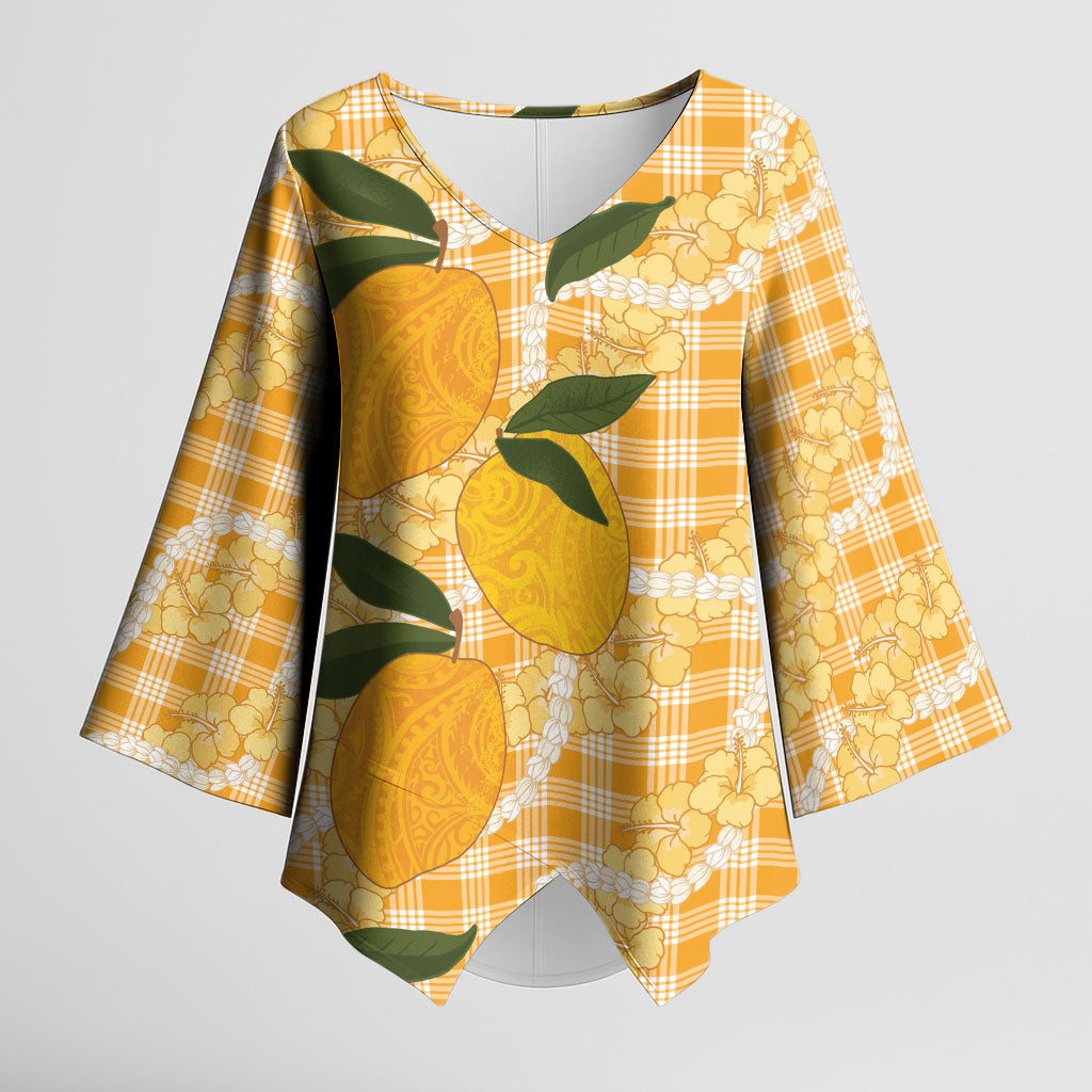 Alani Hawaiian Mango Palaka Kimono Sleeve Blouse Aloha Hibiscus Pikake Lei