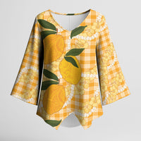 Alani Hawaiian Mango Palaka Kimono Sleeve Blouse Aloha Hibiscus Pikake Lei
