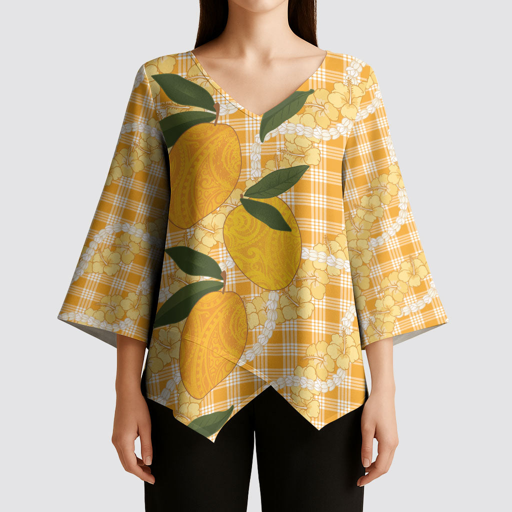 Alani Hawaiian Mango Palaka Kimono Sleeve Blouse Aloha Hibiscus Pikake Lei