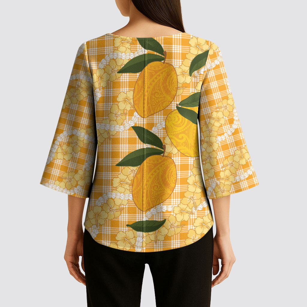 Alani Hawaiian Mango Palaka Kimono Sleeve Blouse Aloha Hibiscus Pikake Lei