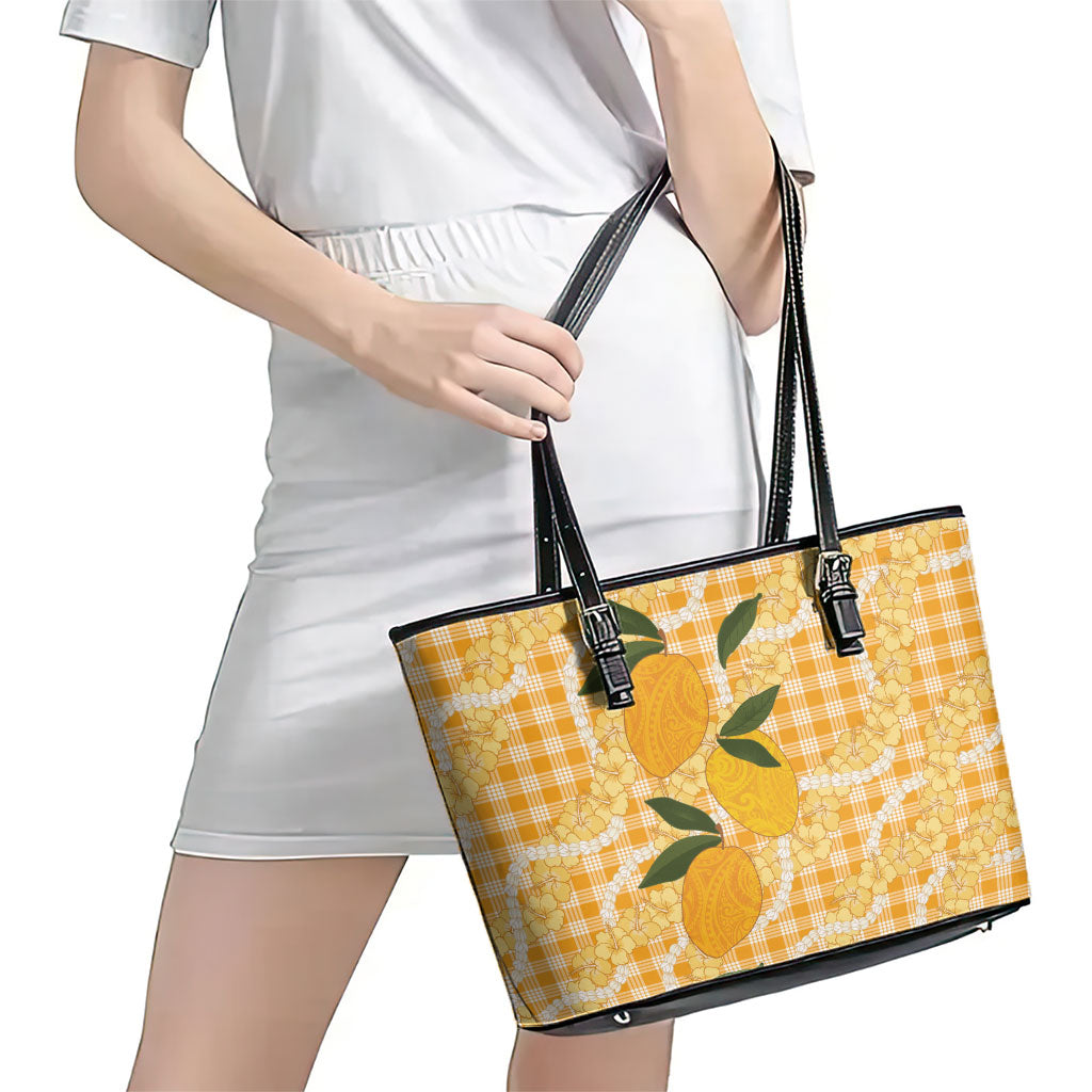 Alani Hawaiian Mango Palaka Leather Tote Bag Aloha Hibiscus Pikake Lei