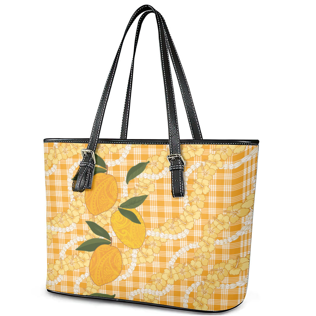 Alani Hawaiian Mango Palaka Leather Tote Bag Aloha Hibiscus Pikake Lei
