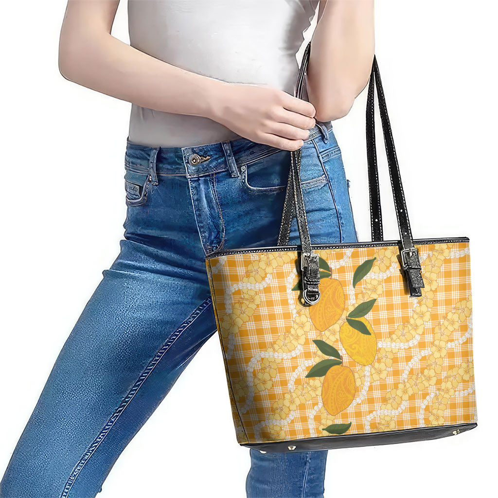 Alani Hawaiian Mango Palaka Leather Tote Bag Aloha Hibiscus Pikake Lei