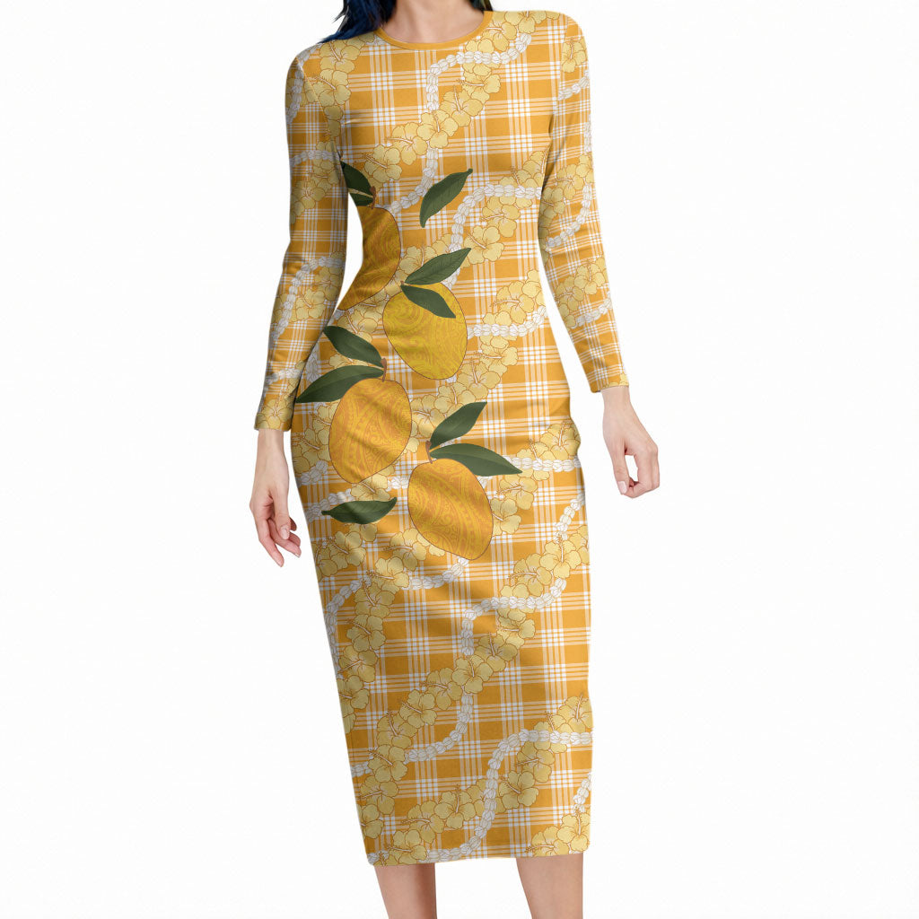 Alani Hawaiian Mango Palaka Long Sleeve Bodycon Dress Aloha Hibiscus Pikake Lei