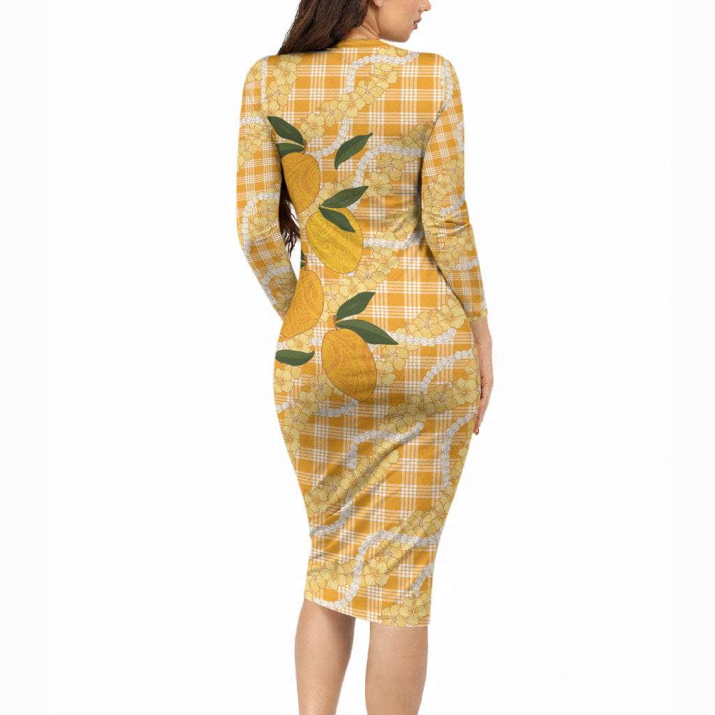 Alani Hawaiian Mango Palaka Long Sleeve Bodycon Dress Aloha Hibiscus Pikake Lei