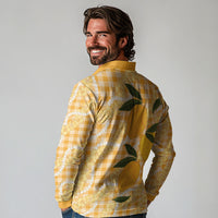 Alani Hawaiian Mango Palaka Long Sleeve Polo Shirt Aloha Hibiscus Pikake Lei
