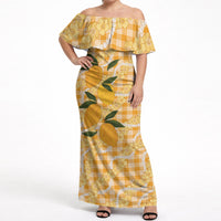 Alani Hawaiian Mango Palaka Off Shoulder Maxi Dress Aloha Hibiscus Pikake Lei