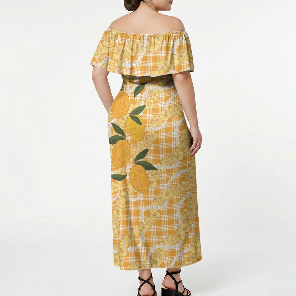 Alani Hawaiian Mango Palaka Off Shoulder Maxi Dress Aloha Hibiscus Pikake Lei