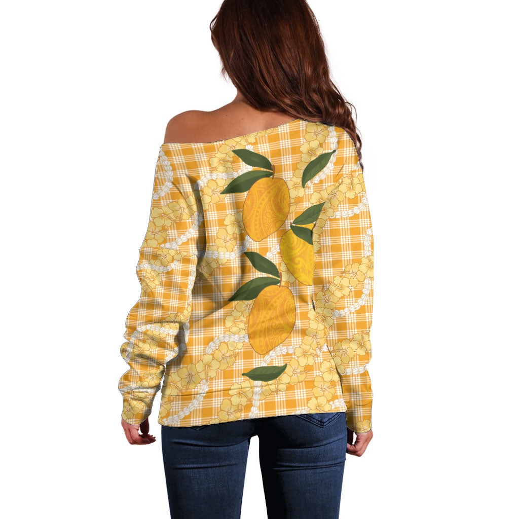 Alani Hawaiian Mango Palaka Off Shoulder Sweater Aloha Hibiscus Pikake Lei