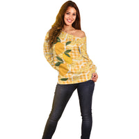 Alani Hawaiian Mango Palaka Off Shoulder Sweater Aloha Hibiscus Pikake Lei