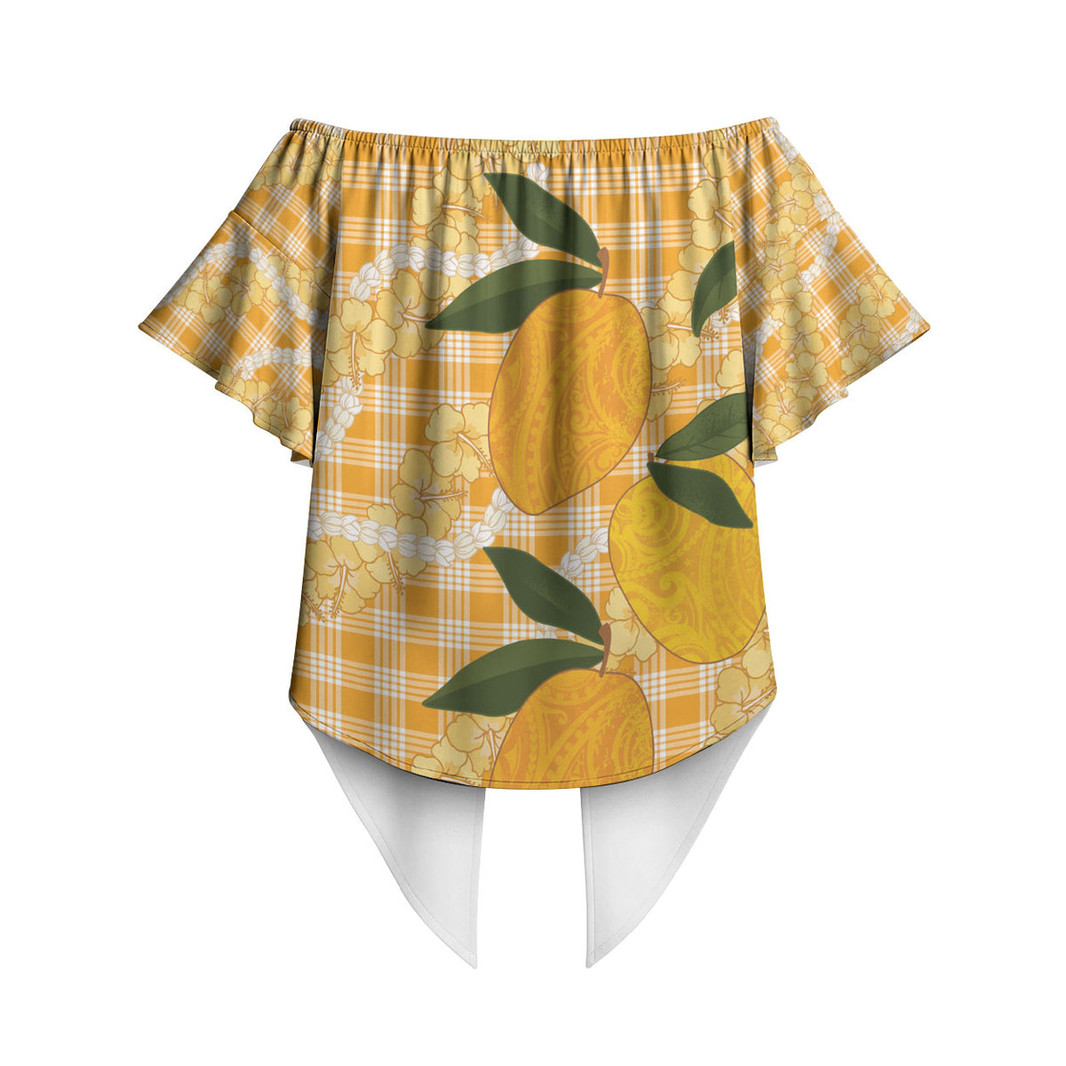 Alani Hawaiian Mango Palaka Off Shoulder Wrap Waist Top Aloha Hibiscus Pikake Lei LT9 - Polynesian Pride