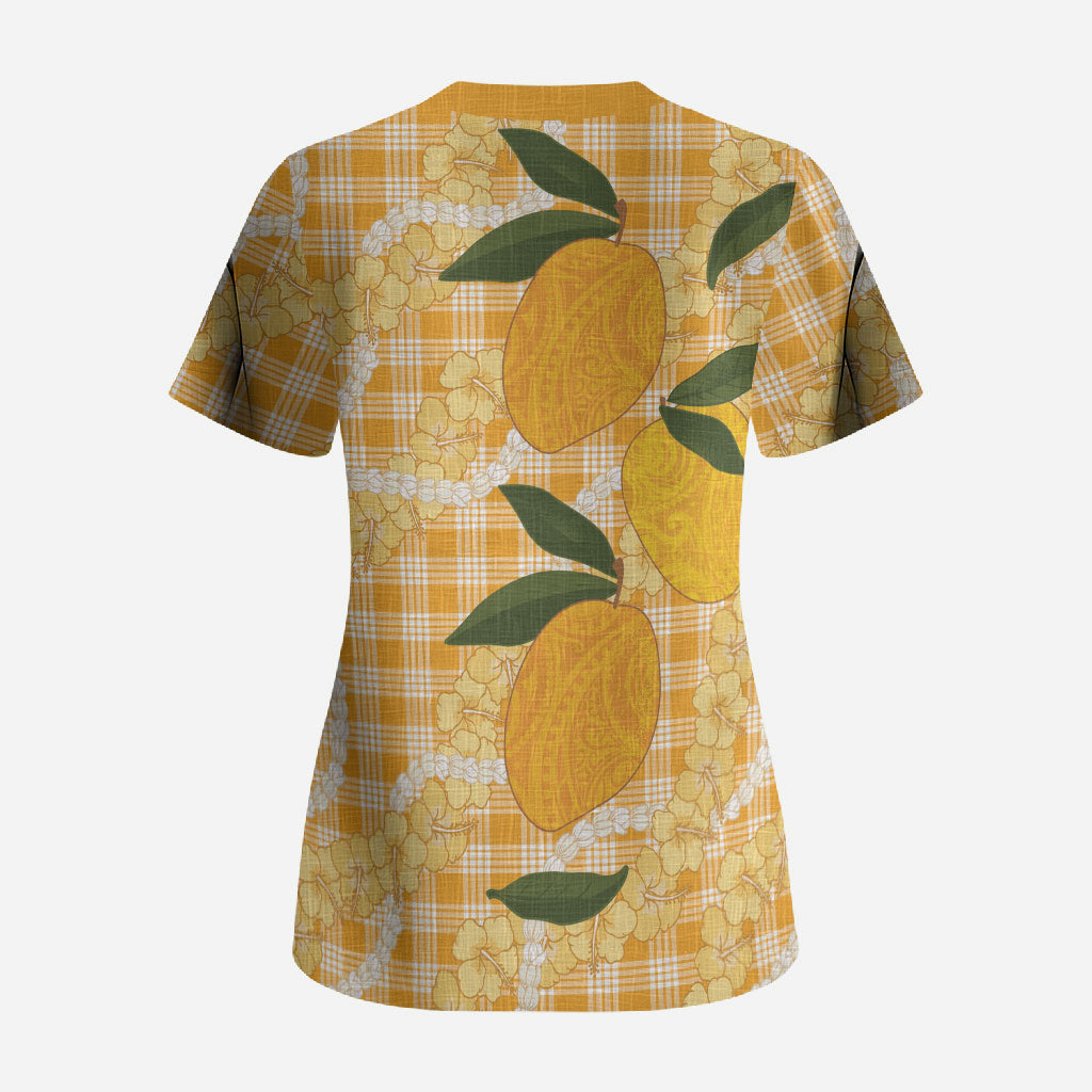 Alani Hawaiian Mango Palaka Scrub Top Aloha Hibiscus Pikake Lei