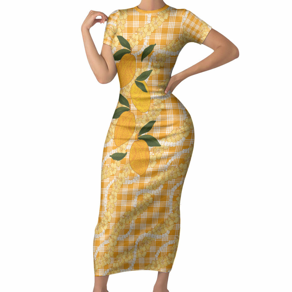 Alani Hawaiian Mango Palaka Short Sleeve Bodycon Dress Aloha Hibiscus Pikake Lei